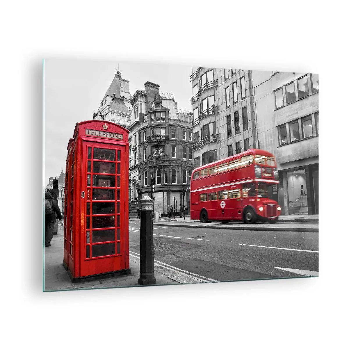 Schilderen op glas - Rode telefooncel en bus in Londen - 70x50cm - De roodste in Europa - Moderne wanddecoratie voor woonkamer en slaapkamer ARTTOR