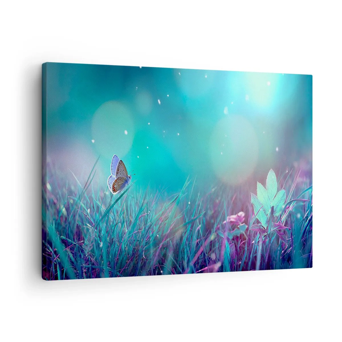 Schilderen op canvas - Een vlinder op het gras in het licht van wazige reflecties - 70x50cm - Het geheime leven van de weide - Moderne wanddecoratie voor woonkamer en slaapkamer ARTTOR