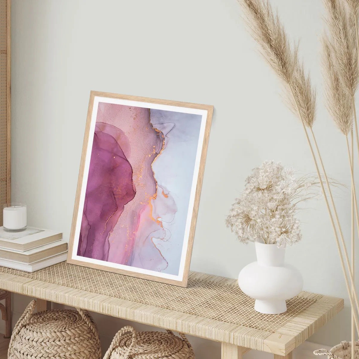 Een poster in een licht eiken lijst - Lila en paarse golven - 70x100 cm