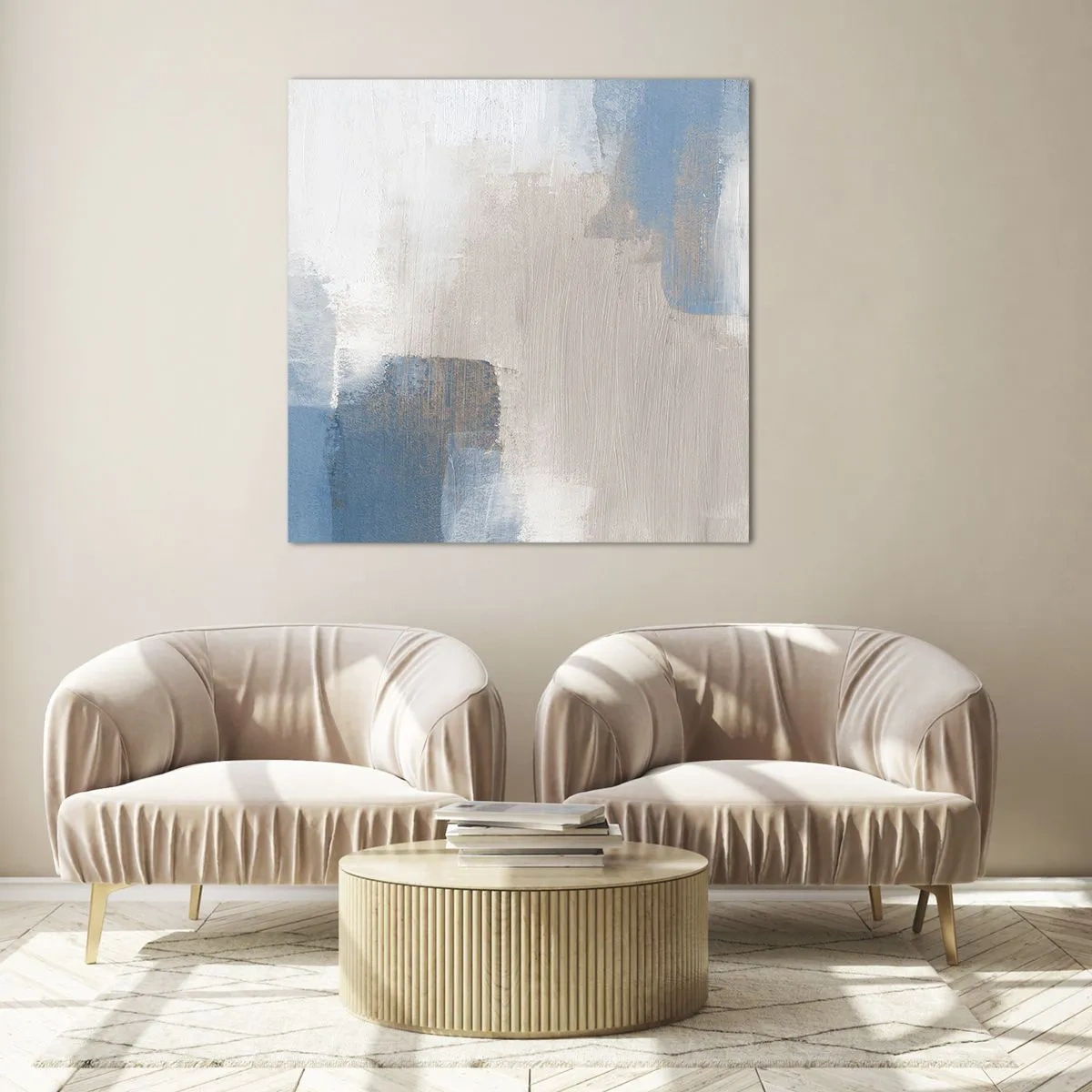 Schilderen op glas - Roze abstractie achter een blauw gordijn - 70x70 cm