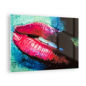 Schilderen op glas - Rode lippen tegen een achtergrond van intense kleuren - 70x50cm - Sensueel en verontrustend - Moderne wanddecoratie voor woonkamer en slaapkamer ARTTOR