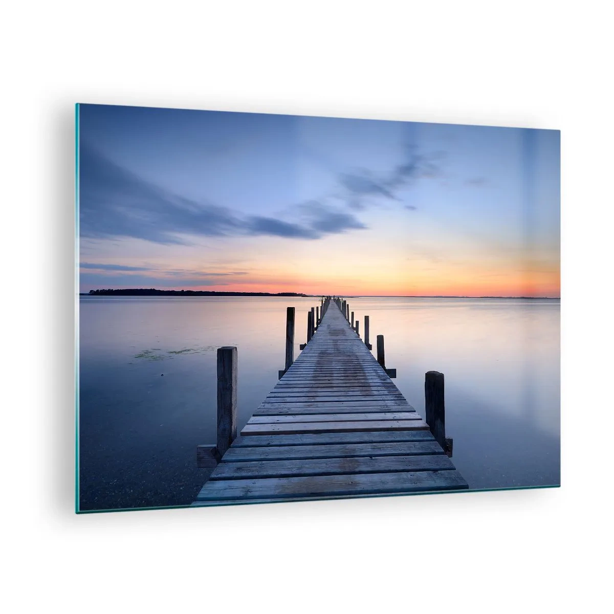 Schilderen op glas - Een houten steiger boven een kalm meer bij zonsondergang - 70x50cm - De rust van een serene schemering - Moderne wanddecoratie voor woonkamer en slaapkamer ARTTOR