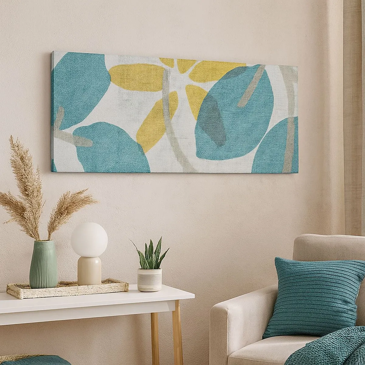 Schilderen op canvas - Tussen de azuurblauwe bladeren - 100x40 cm