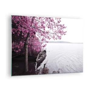 Schilderen op glas - Een boot aan de kust met een roze boom boven het water - 70x50cm - In roze stilte - Moderne wanddecoratie voor woonkamer en slaapkamer ARTTOR