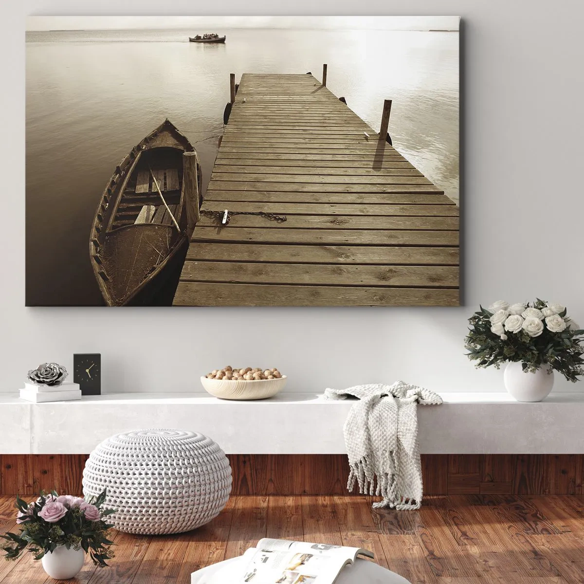 Schilderen op canvas - Houten pier en boot op een kalm meer - 70x50cm - Grote vrede - Moderne wanddecoratie voor woonkamer en slaapkamer ARTTOR
