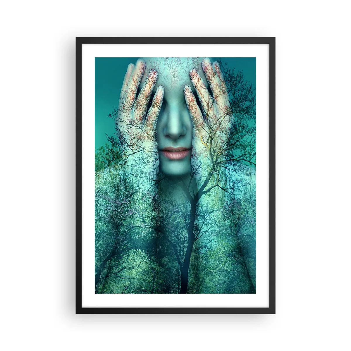 Poster in een zwarte lijst - Vrouwengezicht met een boslandschap in dubbele belichtingsstijl. - 50x70cm - Ondergedompeld in blauw - Moderne wanddecoratie voor woonkamer en slaapkamer ARTTOR