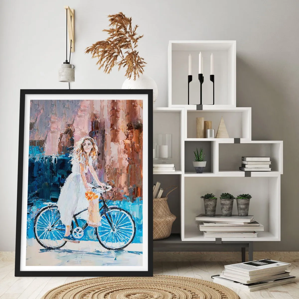 Poster in een zwarte lijst - Impressionistische scène met een fietser - 50x70cm - Vreugde in de ochtend - Moderne wanddecoratie voor woonkamer en slaapkamer ARTTOR