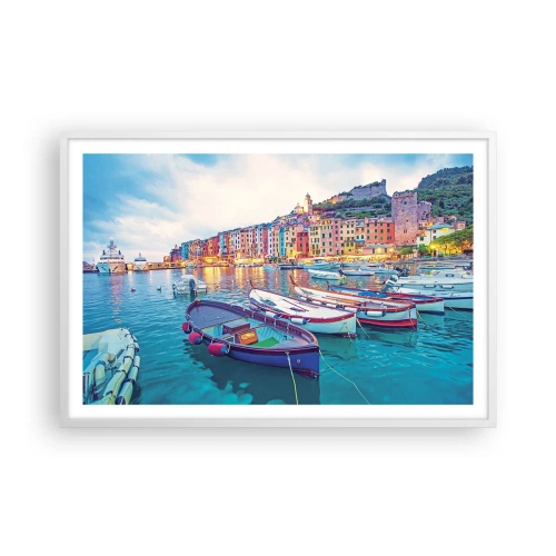 Poster in een witte lijst - Kleurrijke avond in de haven - 91x61 cm