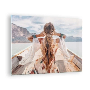 Schilderen op glas - Een vrouw op een boot kijkt uit over de bergen en het meer. - 70x50cm - Op weg naar geluk - Moderne wanddecoratie voor woonkamer en slaapkamer ARTTOR
