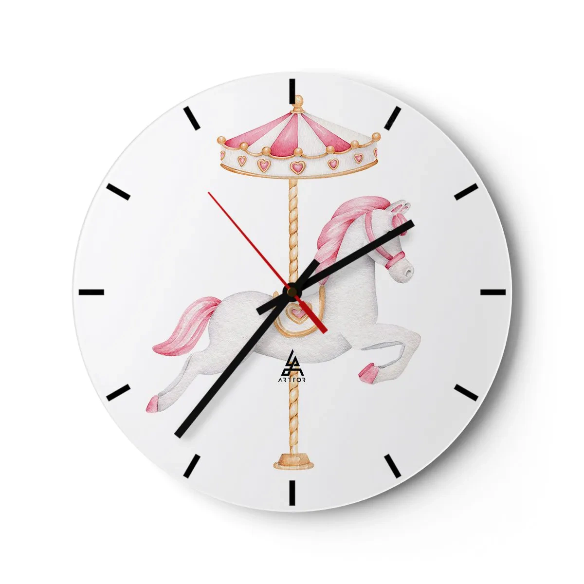 Wandklok - Klok - Een wit draaimolenpaard met een roze zadel op een witte achtergrond - 30x30cm - Hij raakte de grond rennend - Moderne wanddecoratie voor woonkamer, keuken en slaapkamer ARTTOR