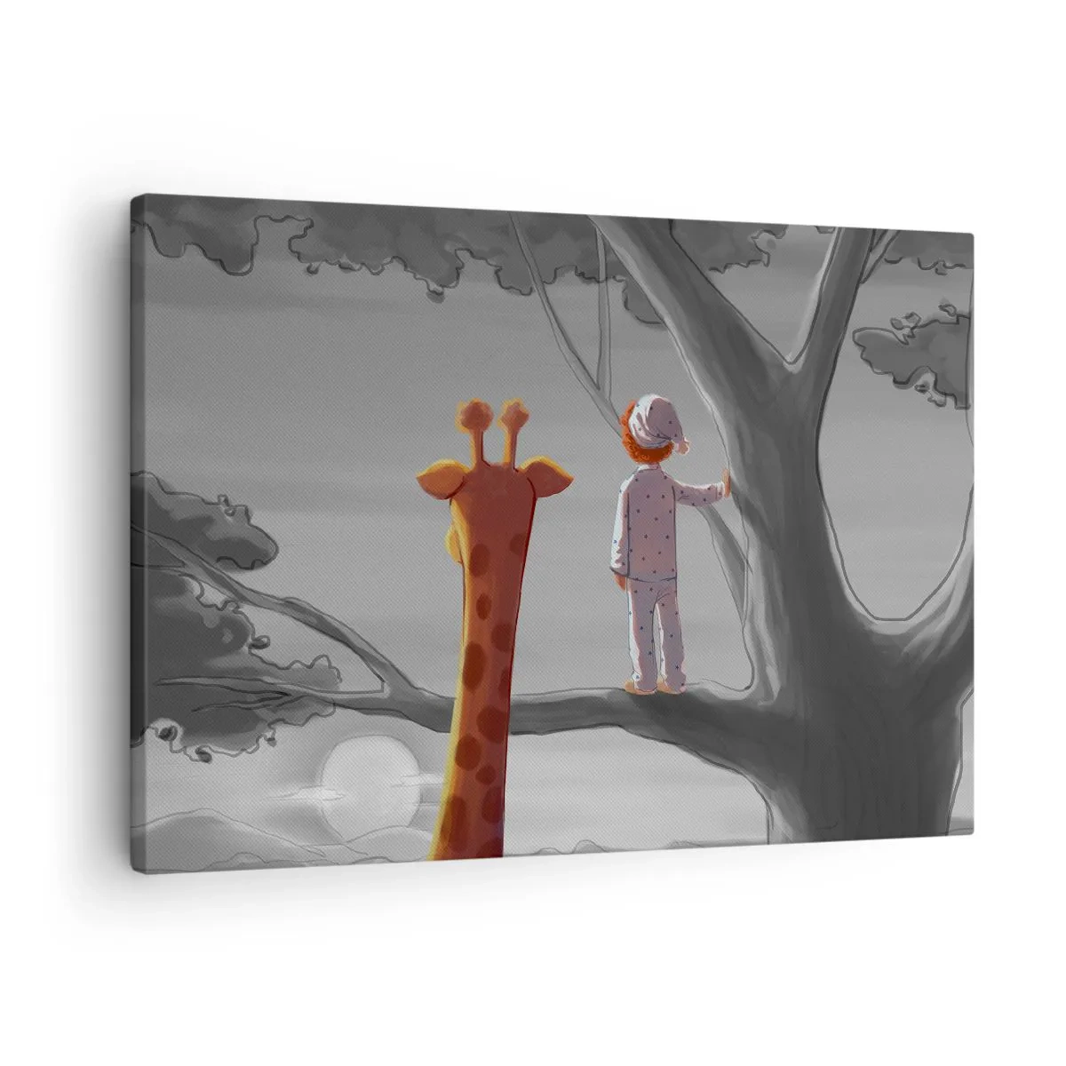 Schilderen op canvas - Een kind en een giraf op een boomtak in een sprookjesachtig landschap - 70x50cm - Dit gebeurt echt - Moderne wanddecoratie voor woonkamer en slaapkamer ARTTOR