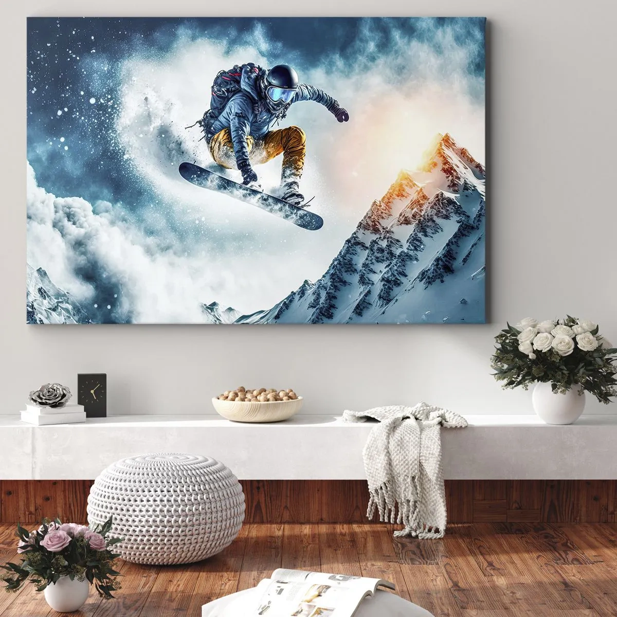Schilderen op canvas - Een snowboarder vliegt over besneeuwde bergen - 70x50cm - Extreme emoties - Moderne wanddecoratie voor woonkamer en slaapkamer ARTTOR