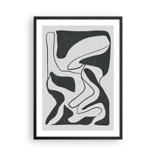 Poster in een zwarte lijst - Zwart-wit abstractie met organische vormen - 50x70cm - Abstract doolhofplezier - Moderne wanddecoratie voor woonkamer en slaapkamer ARTTOR