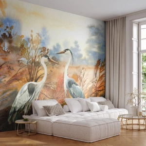 Zelfklevend Fotobehang Deluxe Sticker - Waarheen in de herfst? - Kraan, Vogels, Natuur - 400x280 cm