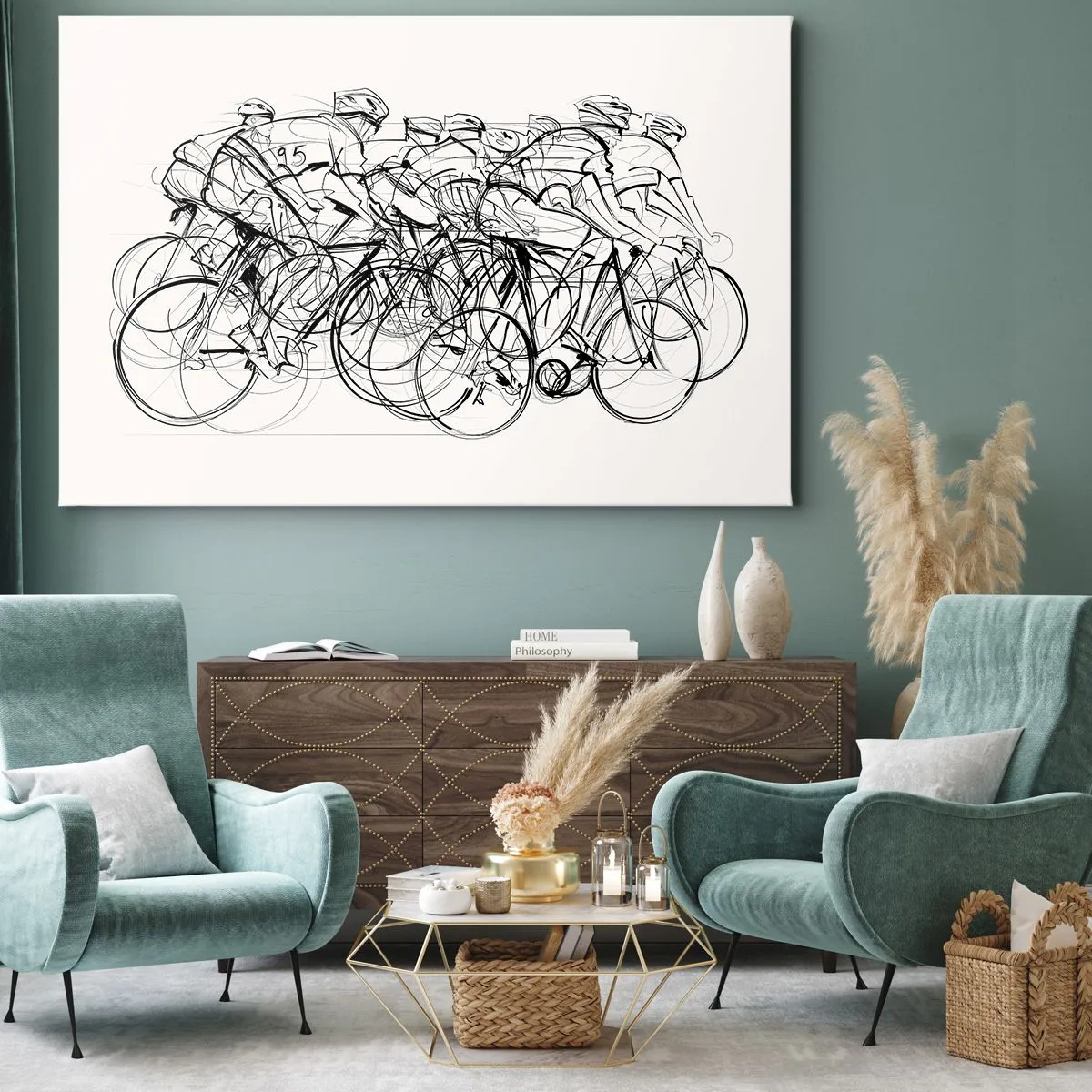 Schilderen op canvas - Een groep fietsers in beweging in minimalistische stijl - 70x50cm - Samen als team - Moderne wanddecoratie voor woonkamer en slaapkamer ARTTOR