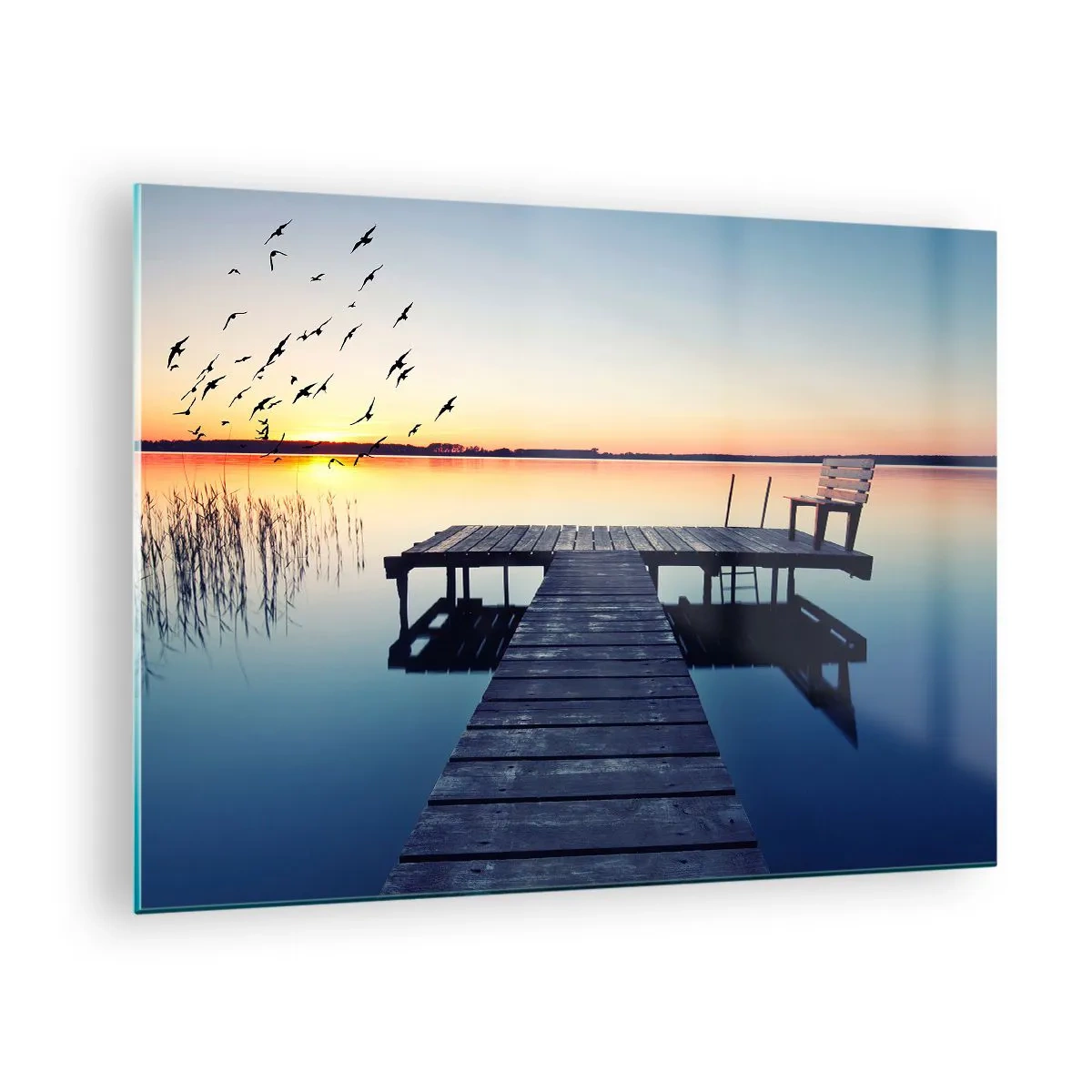 Schilderen op glas - Een pier aan het meer met uitzicht op de zonsondergang en vogels in vlucht - 70x50cm - Dat was een goede dag - Moderne wanddecoratie voor woonkamer en slaapkamer ARTTOR