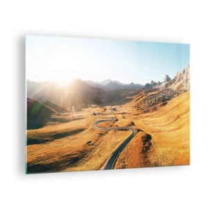 Schilderen op glas - Een kronkelende weg in een gouden vallei verlicht door de zon - 70x50cm - In een gouden vallei - Moderne wanddecoratie voor woonkamer en slaapkamer ARTTOR