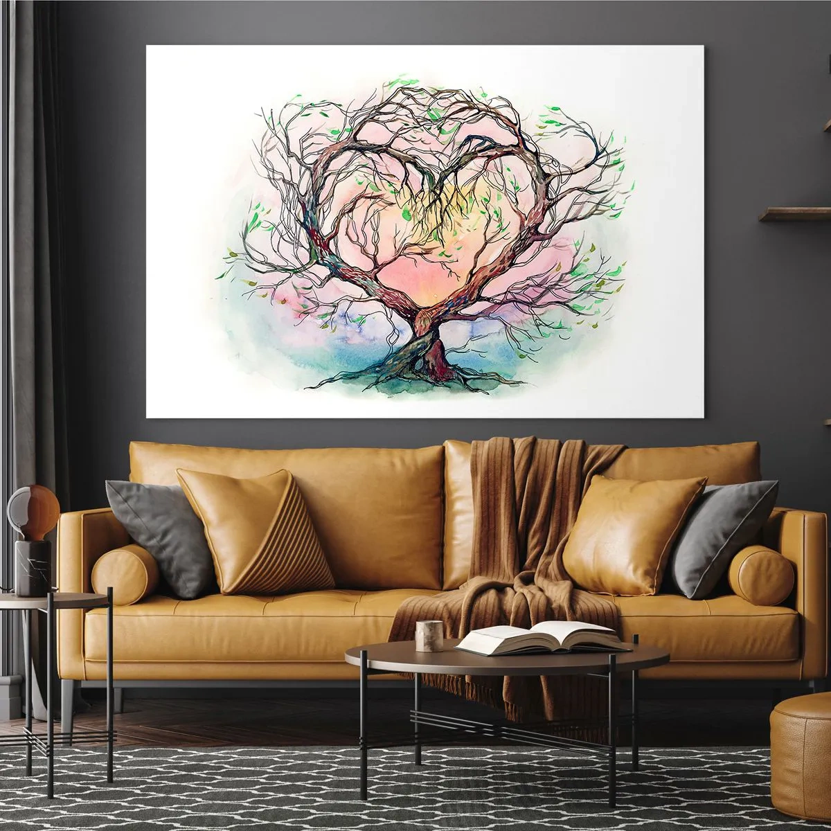 Schilderen op glas - Een hartvormige boom met een kleurrijke, pastelkleurige achtergrond - 70x50cm - Samen tegen de stormen - Moderne wanddecoratie voor woonkamer en slaapkamer ARTTOR