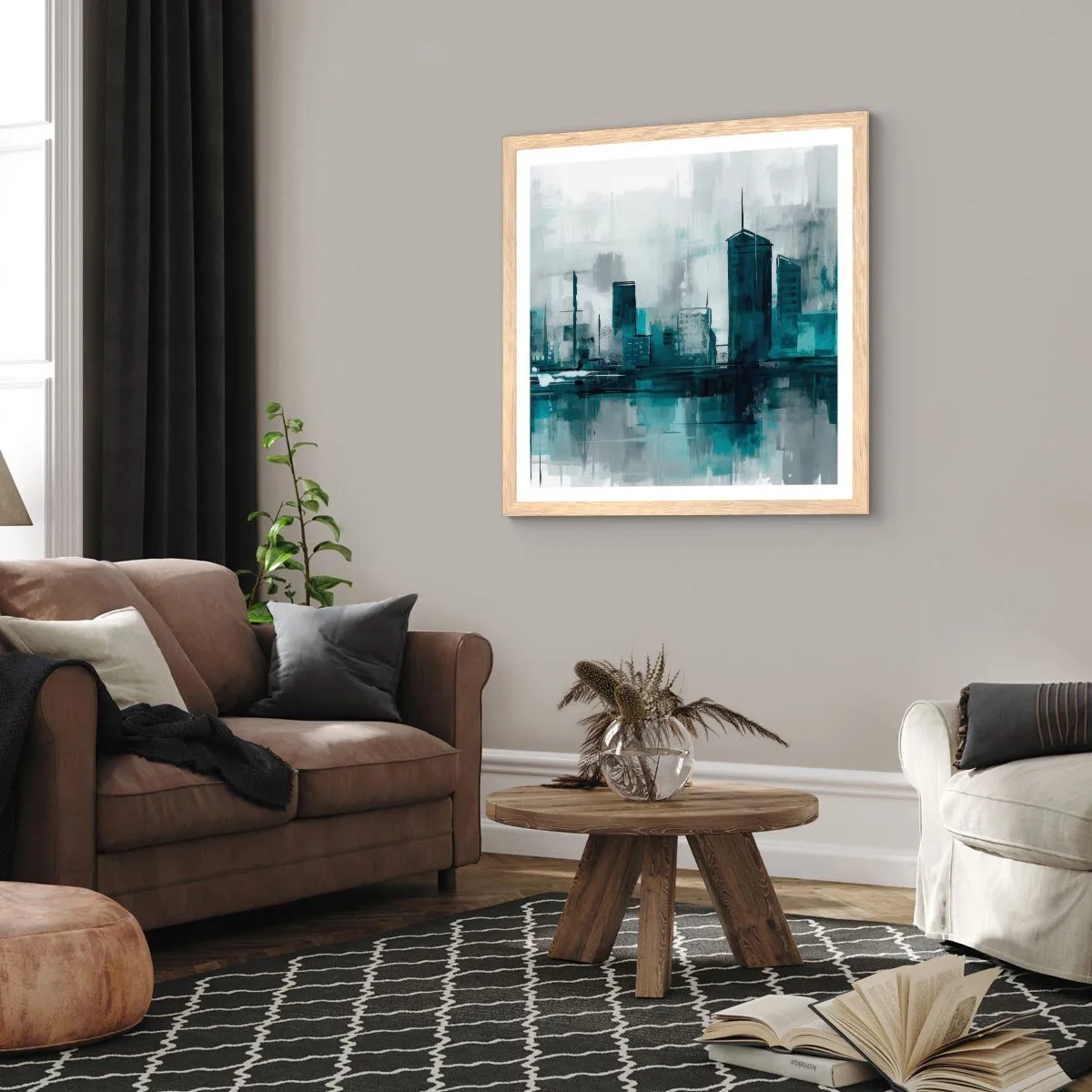 Een poster in een licht eiken lijst - Een stad in de kleur van regen - 30x30 cm