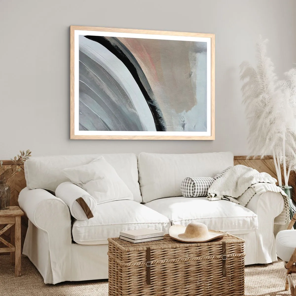 Een poster in een licht eiken lijst - Compositie: boog van zwart en grijs - 91x61 cm