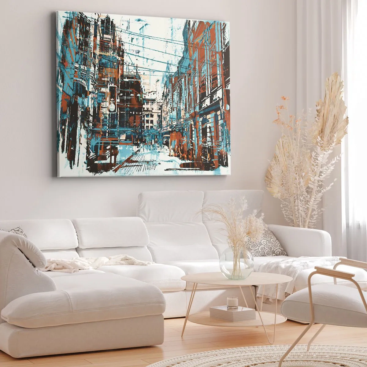 Schilderen op canvas - Een stadsgezicht in tinten blauw en oranje - 70x50cm - Een versleten stadspad - Moderne wanddecoratie voor woonkamer en slaapkamer ARTTOR