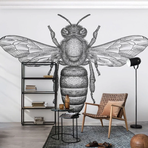 Fotobehang Premium Canvas - Insectenportret - Bij, Insect, Minimalistisch - 100x70 cm