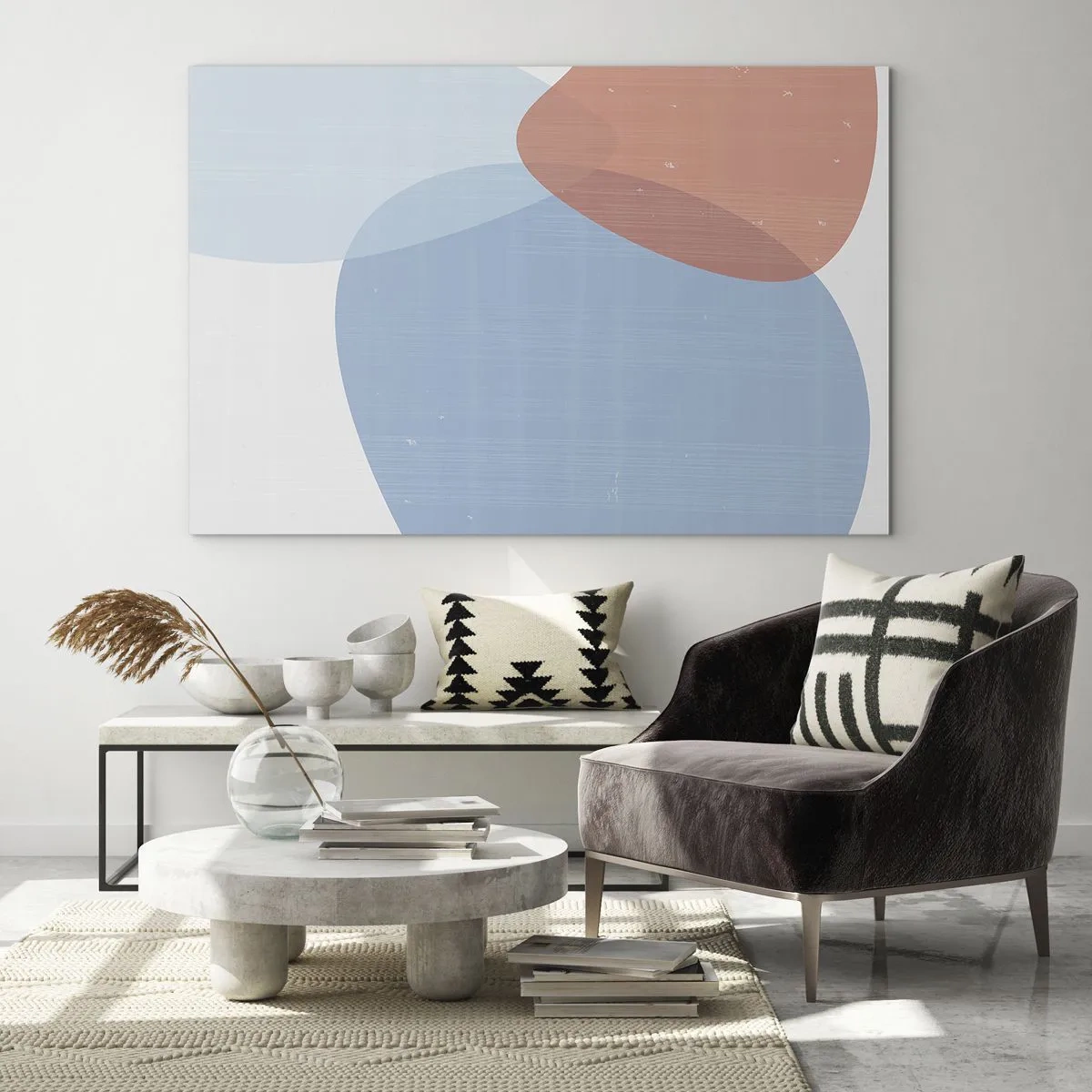 Schilderen op glas - Moderne abstractie met blauwe en roze vormen - 70x50cm - Pastelkleurige relaties - Moderne wanddecoratie voor woonkamer en slaapkamer ARTTOR