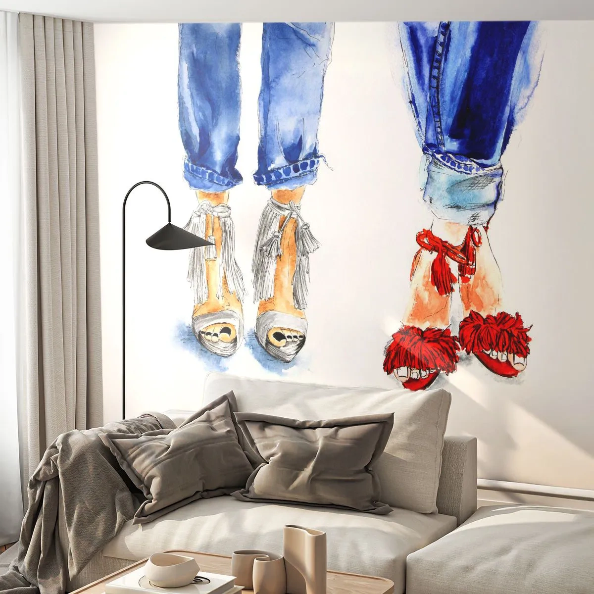 Fotobehang Premium Canvas - Misschien gaan we wandelen? - Vrouw, Mode, Schoenen - 250x175 cm