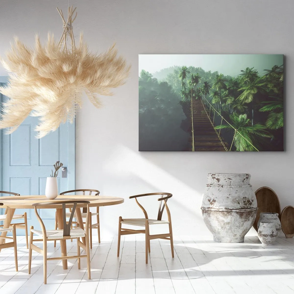 Schilderen op canvas - Een hangbrug in een tropisch woud, omgeven door mist. - 70x50cm - Over de branding van groen - Moderne wanddecoratie voor woonkamer en slaapkamer ARTTOR
