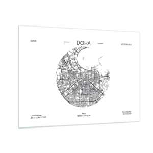 Schilderen op glas - Een grafische kaart van Doha in een minimalistische zwart-witstijl. - 70x50cm - Anatomie van Doha - Moderne wanddecoratie voor woonkamer en slaapkamer ARTTOR