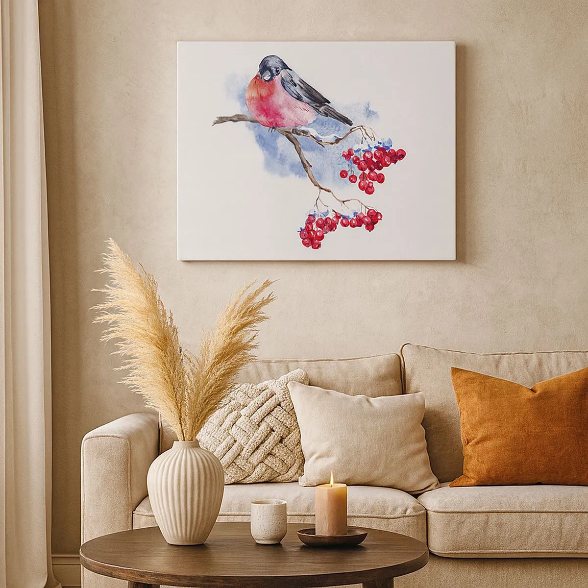 Schilderen op canvas - Vogel op een tak met rood fruit op de aquarelachtergrond - 70x50cm - Winter in kleur - Moderne wanddecoratie voor woonkamer en slaapkamer ARTTOR
