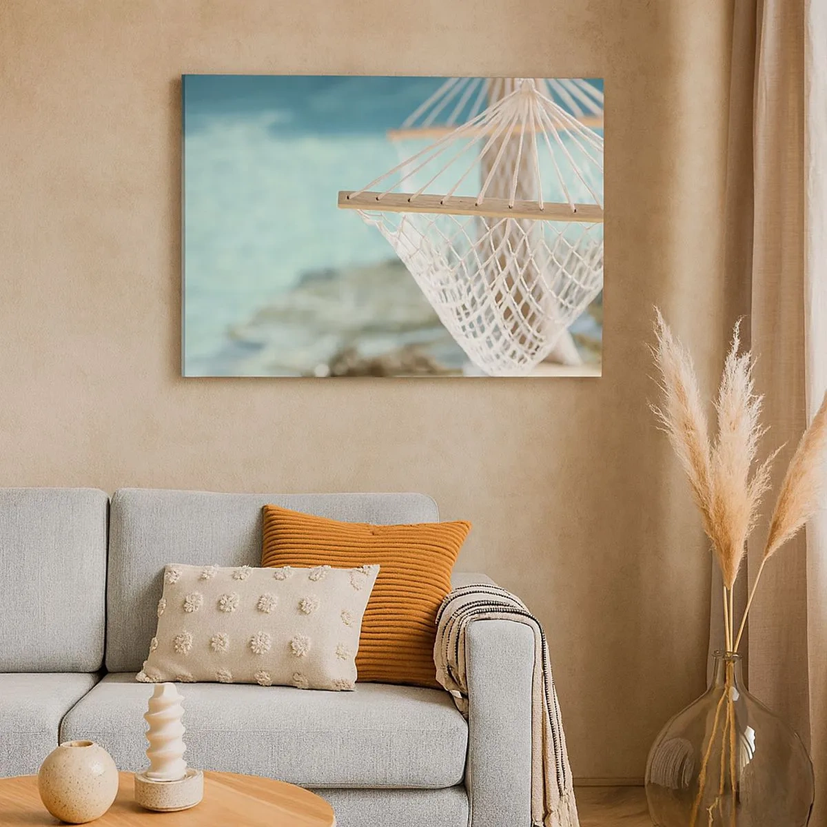 Schilderen op canvas - Een hangmat met uitzicht op het turquoise water - 70x50cm - Tijd om te ontspannen - Moderne wanddecoratie voor woonkamer en slaapkamer ARTTOR