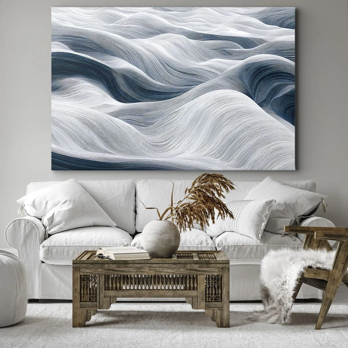 Schilderen op canvas - Golvende lijnen in tinten blauw en wit - 70x50cm - Witte en blauwe golven - Moderne wanddecoratie voor woonkamer en slaapkamer ARTTOR