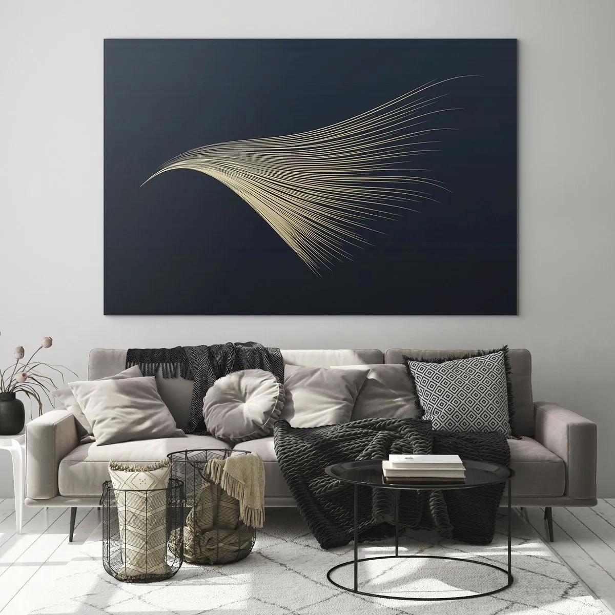 Schilderen op glas - Een gouden lijn die lijkt op een vleugel op een marineblauwe achtergrond - 70x50cm - Als het haar van een engel - Moderne wanddecoratie voor woonkamer en slaapkamer ARTTOR