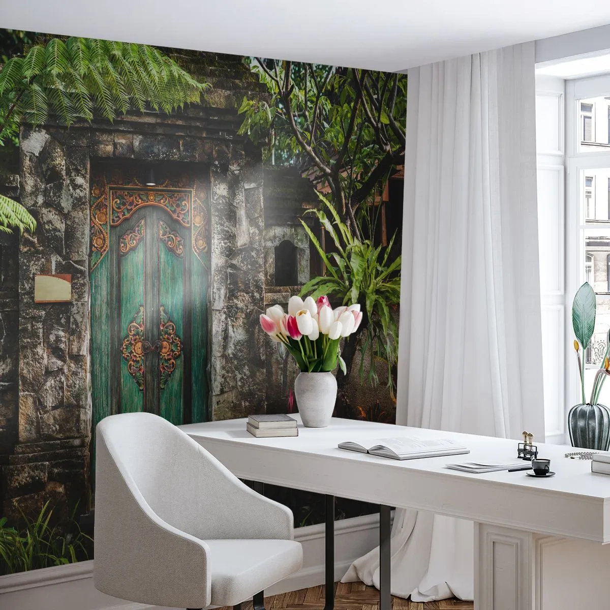 Fotobehang Standard Eco - Een deur naar een exotische wereld - Deur Met Ornament, Architectuur, Mysterie - 200x140 cm