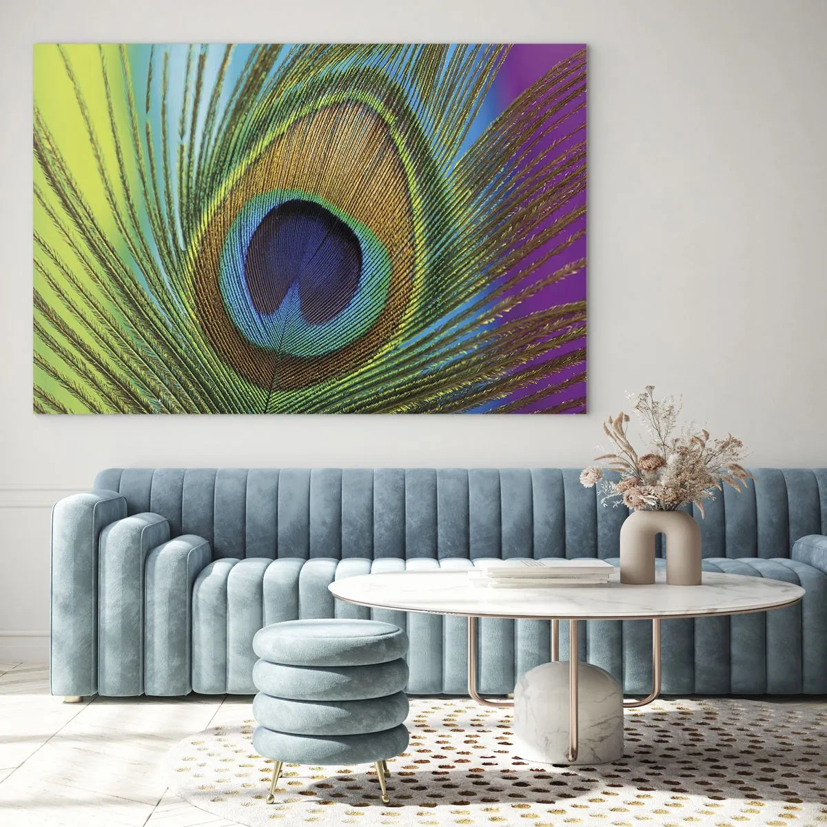 Schilderen op glas - Een close-up van een kleurrijke pauwenveer - 70x50cm - Oog in oog - Moderne wanddecoratie voor woonkamer en slaapkamer ARTTOR