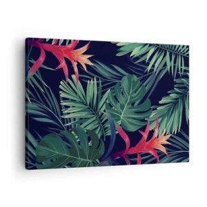 Schilderen op canvas - Tropische bladeren en bloemen op een donkere achtergrond - 70x50cm - Ontsteken in het groen - Moderne wanddecoratie voor woonkamer en slaapkamer ARTTOR