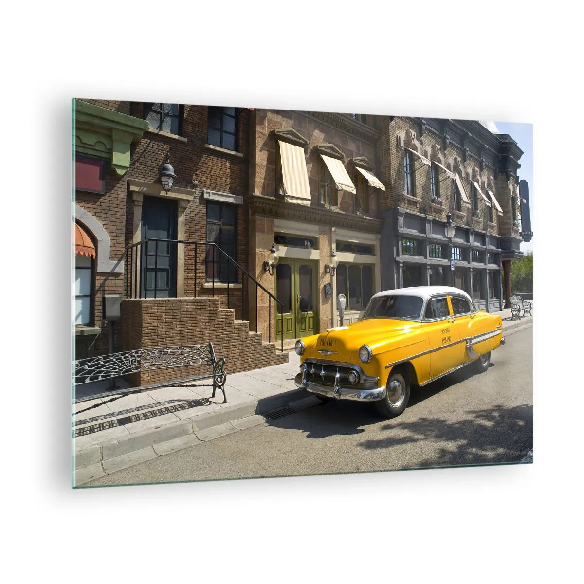 Schilderen op glas - Een gele taxi tegen de achtergrond van een klassiek huurhuis - 70x50cm - Lang geleden in Amerika - Moderne wanddecoratie voor woonkamer en slaapkamer ARTTOR