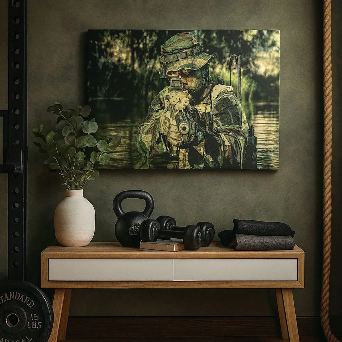 Schilderen op canvas - Een soldaat in camouflage richt zich door het water. - 70x50cm - Het beste van het beste - Moderne wanddecoratie voor woonkamer en slaapkamer ARTTOR