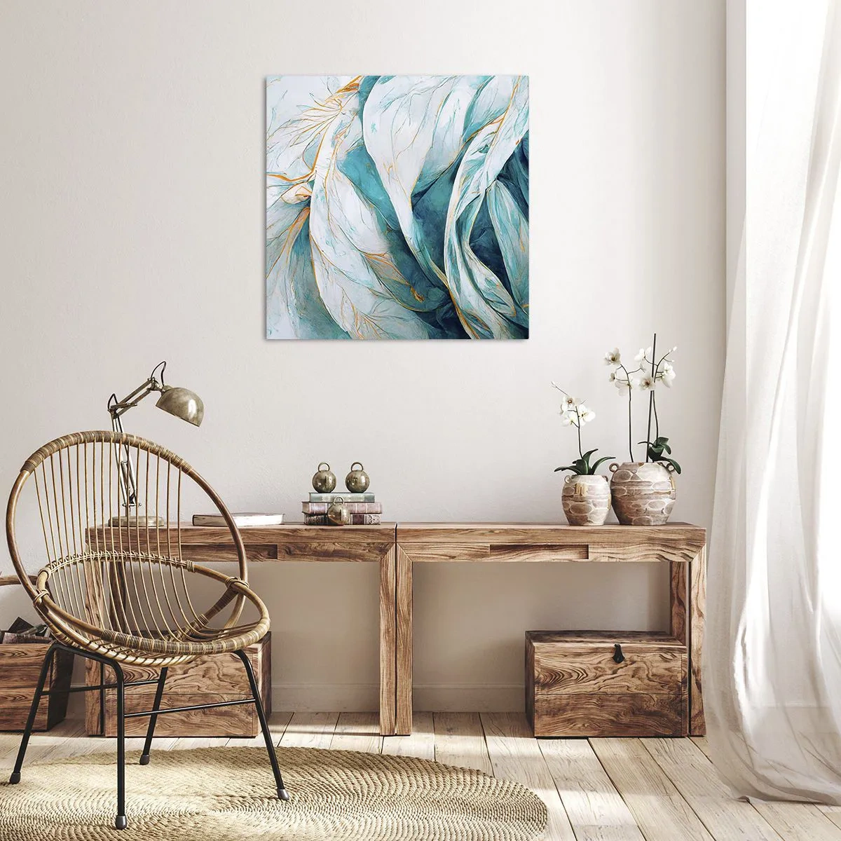 Schilderen op canvas - Blauwe abstractie met een gouden motief - 40x40 cm