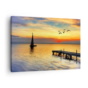 Schilderen op canvas - Zonsondergang met een zeilboot en een pier op een kalm meer - 70x50cm - De avonden keren terug - Moderne wanddecoratie voor woonkamer en slaapkamer ARTTOR