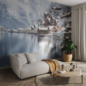 Zelfklevend Fotobehang Deluxe Sticker - In winterdecoratie - Landschap, Bergnederzetting, Winter - 100x70 cm