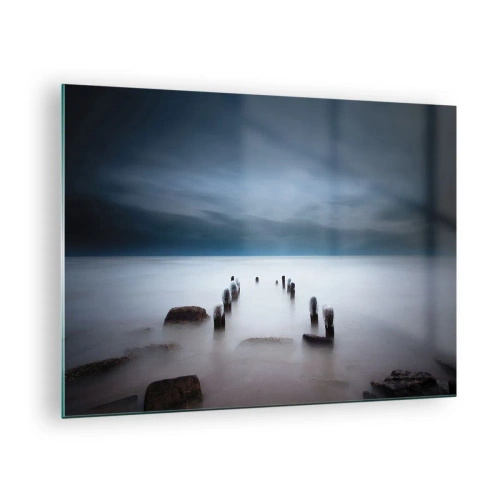 Schilderen op glas - Sfeervol kustlandschap met houten palen - 70x50cm - Peinzend meer - Moderne wanddecoratie voor woonkamer en slaapkamer ARTTOR