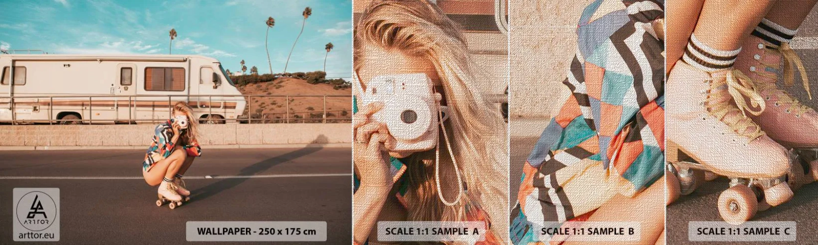 Fotobehang Monster Premium Canvas - Lach alsjeblieft! - Landschap, Kampeerder, Vrouw - 100x30 cm