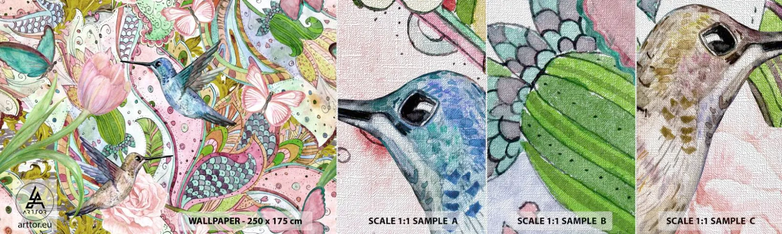 Fotobehang Monster Premium Canvas - Verstrikt in wijnstokken - Bloemen, Vogel, Vlinder - 100x30 cm