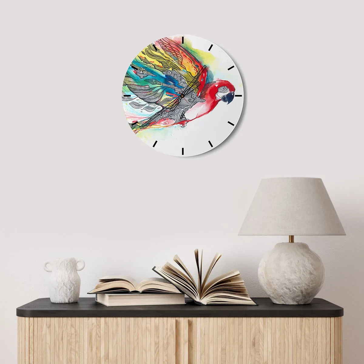 Wandklok - Klok - Een papegaai in intense kleuren met decoratieve patronen op zijn vleugels - 30x30cm - Leef kleurrijk - Moderne wanddecoratie voor woonkamer, keuken en slaapkamer ARTTOR