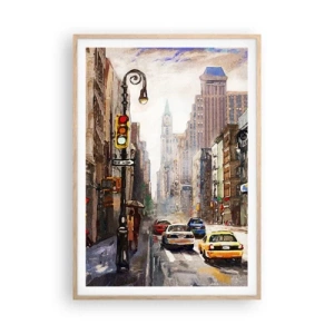 Een poster in een licht eiken lijst - New York - ook kleurrijk in de regen - 70x100 cm