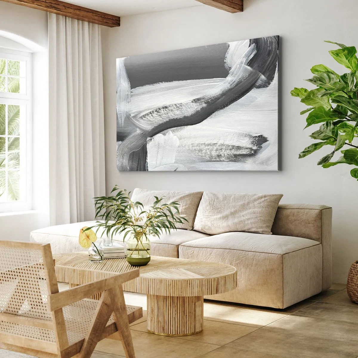 Schilderen op canvas - Grijs-witte abstractie met dynamische lijnen - 70x50cm - Een beslissende beweging - Moderne wanddecoratie voor woonkamer en slaapkamer ARTTOR