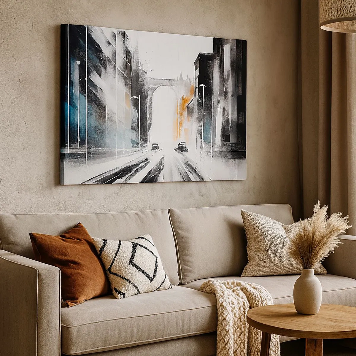 Schilderen op canvas - Abstract stadsgezicht met boogbrug - 70x50cm - Stadsstudie: architectuur en beweging - Moderne wanddecoratie voor woonkamer en slaapkamer ARTTOR