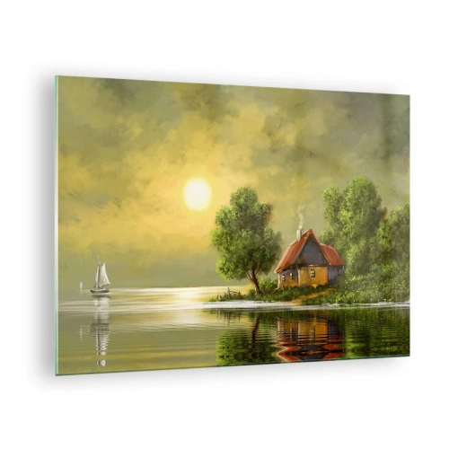 Schilderen op glas - Een schilderachtig landschap met een huisje aan het meer bij zonsondergang - 70x50cm - Mooi, als een foto - Moderne wanddecoratie voor woonkamer en slaapkamer ARTTOR
